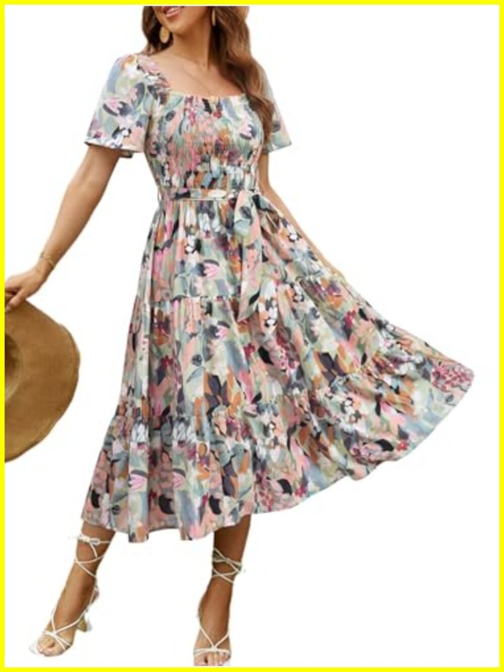 Boho Flowy Long Sleeve Square Neck Floral Midi Dress Smocked Summer Wedding